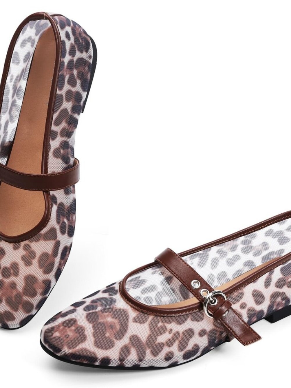Leopard Flats for Women Mesh Ballet Flats Mary Jane Animal Print Shoes Slip On